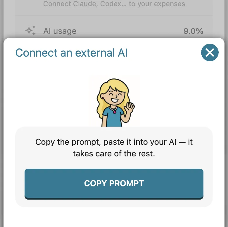 Connecting an external AI to Kakebo: copy the prompt, the agent does the rest