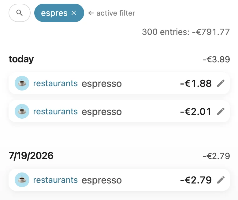 Expense history with instant search in Kakebo