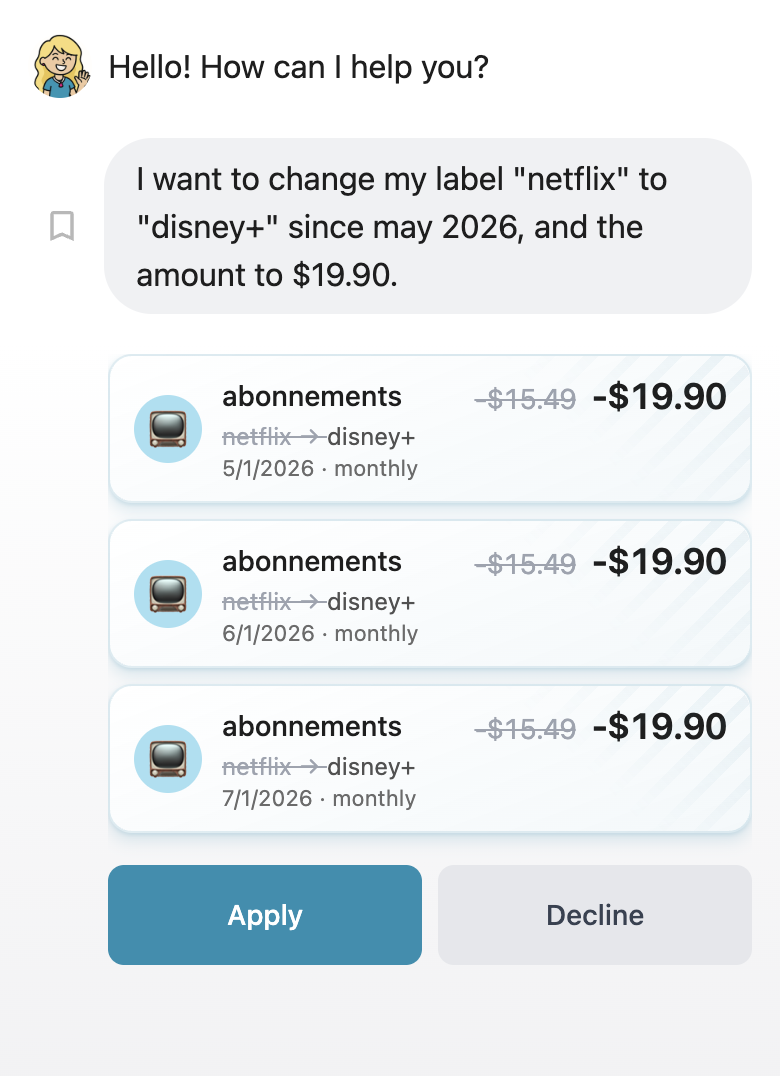 Bulk expense editing in Kakebo: Céleste proposes the fixes, you apply in one tap