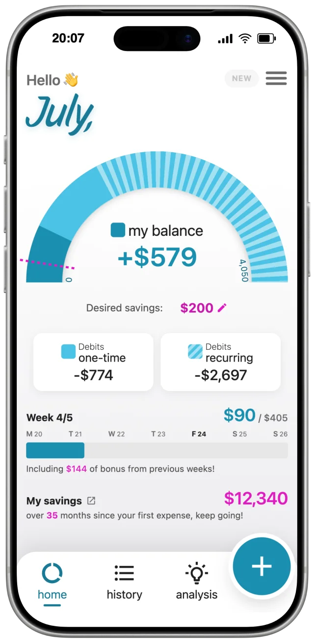 Kakebo home screen on an iPhone: budget gauge, weekly spending, total savings