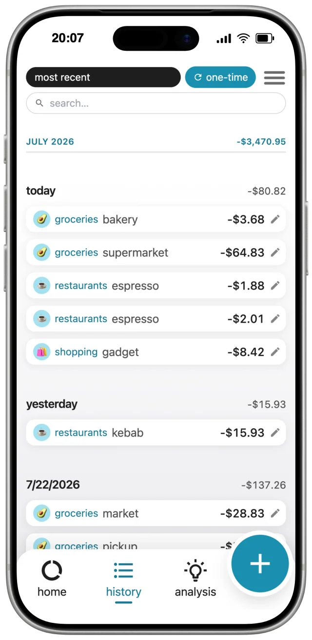 Expense history in Kakebo on an iPhone