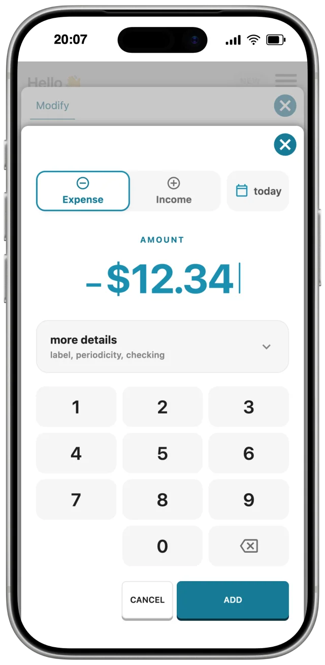 Manual expense entry keypad in Kakebo