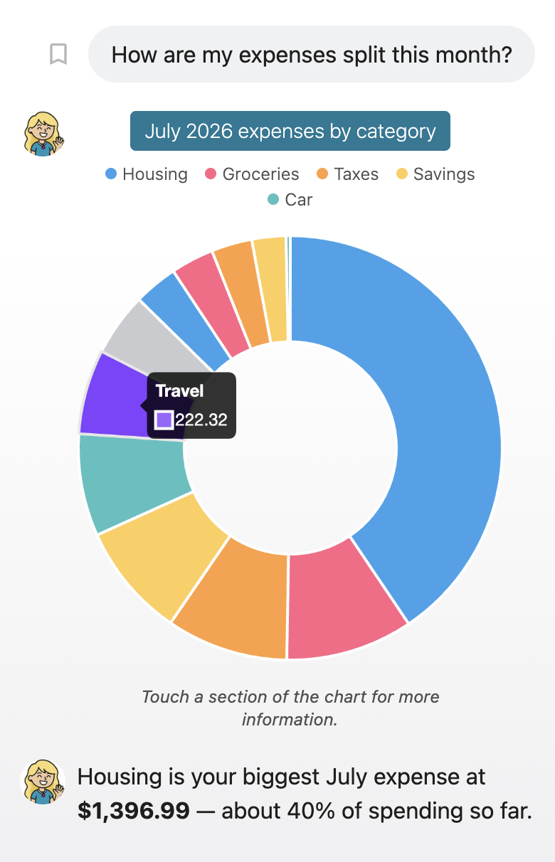 Céleste draws the month’s expense split as a chart in Kakebo